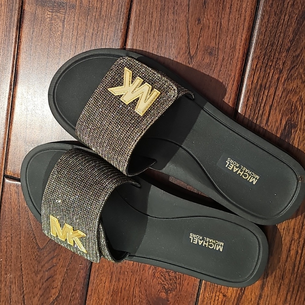 Michael Kors Black and Gold Slide Sandals
